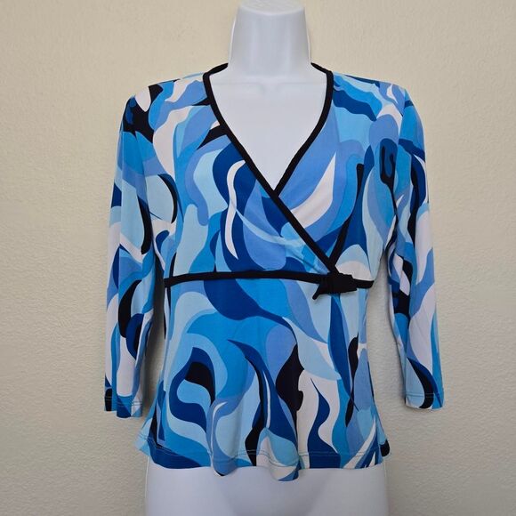 Baranda Vintage Y2K trippy Groovy Abstract blue v neck top blouse size small - Picture 1 of 10